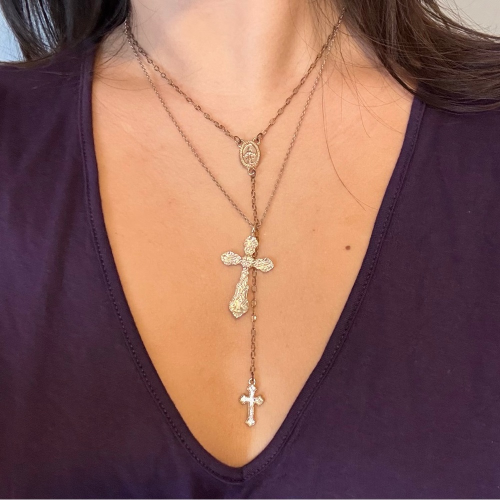 14k Gold Plated Rosary Cross Necklace Set